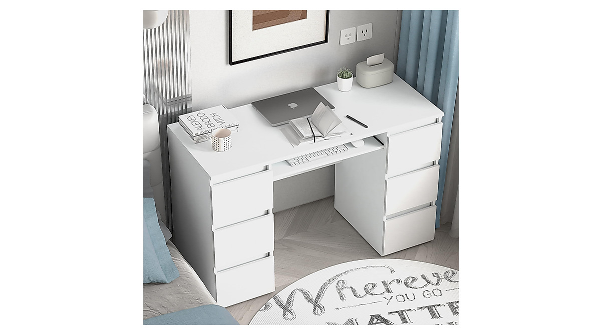 Furnicare White Computer Desk with Storage & 6 Drawers | Home Office