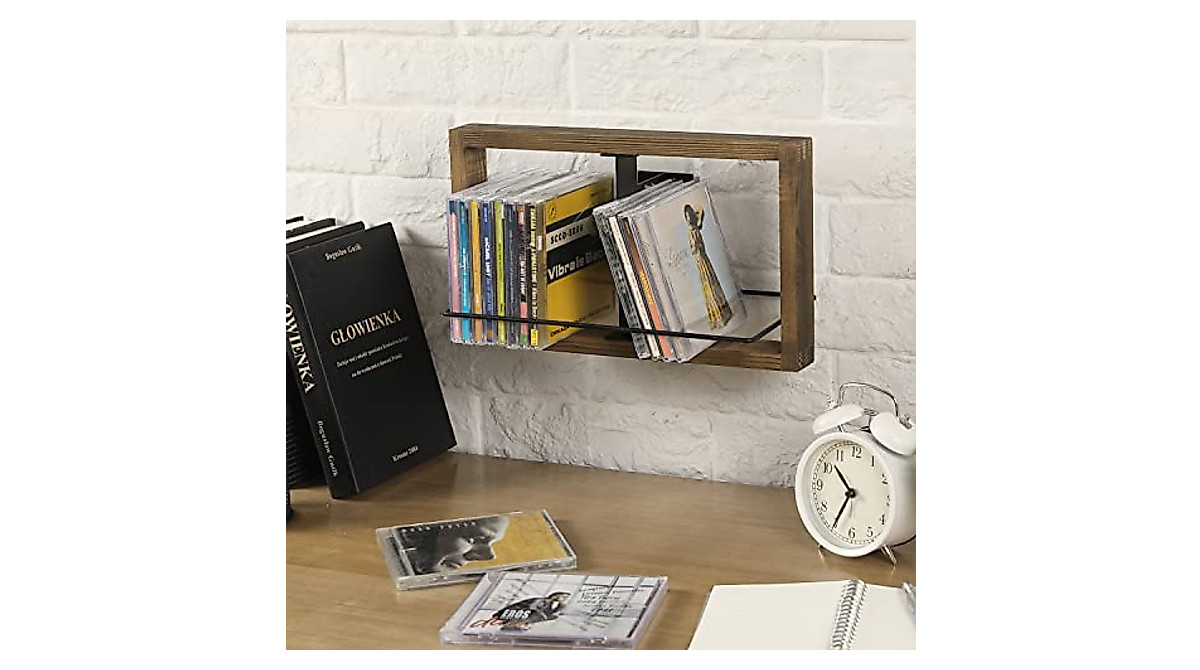 Rustic Wood & Metal Wall CD DVD Storage Shelves - Set of 2