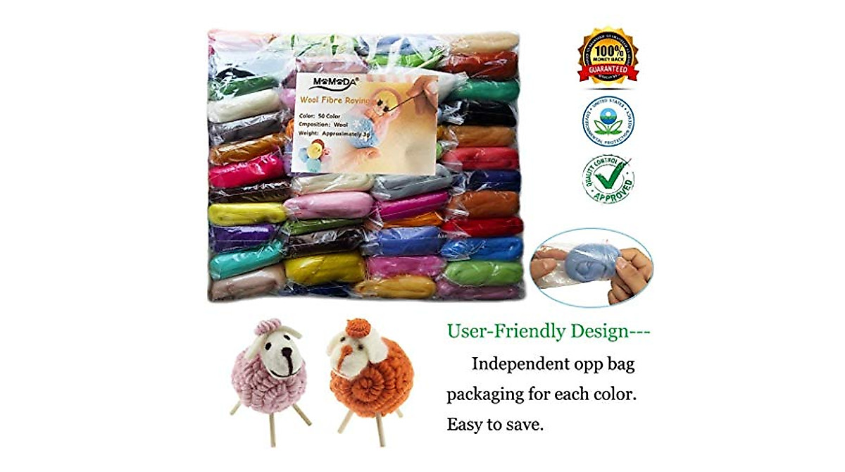 MOMODA 50-Color Wool Roving for Felting & DIY Crafts