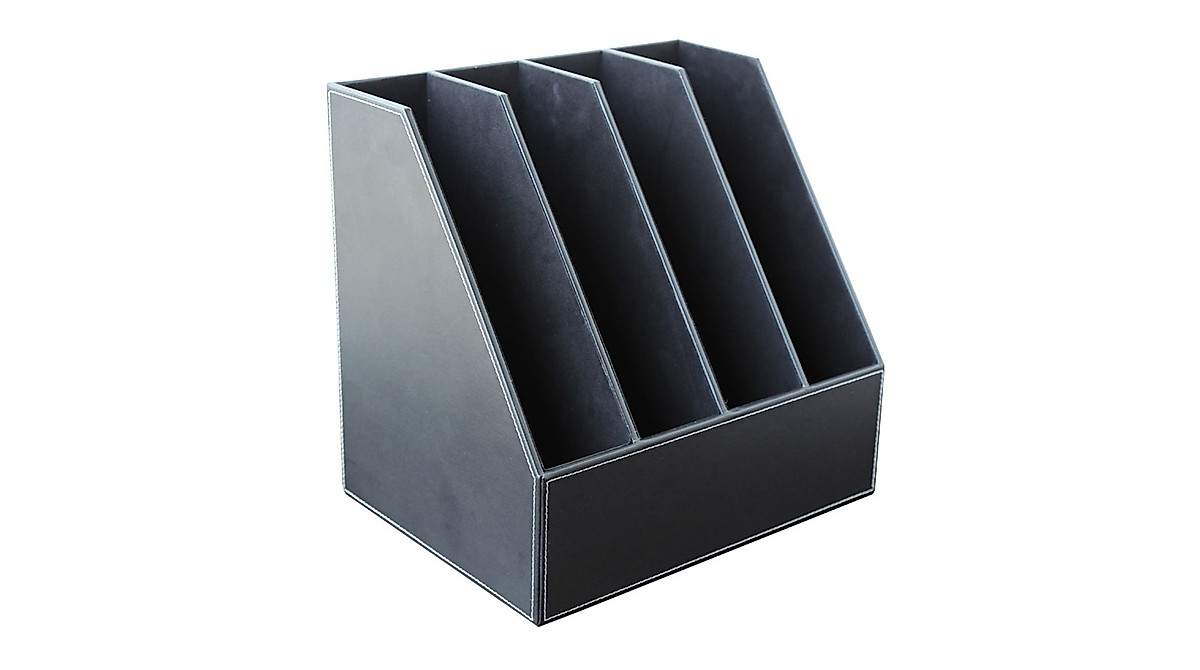 KINGFOM 4-Slot Black Leather Document Holder for Desk