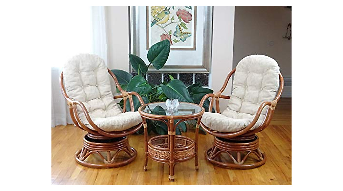 Bali Lounge Swivel Rocking Chair - Natural Rattan & Dark Brown Cushion