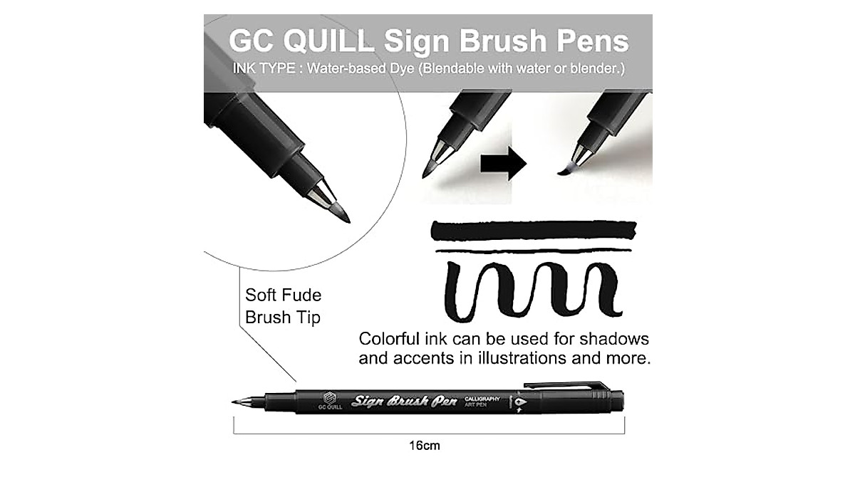 GC QUILL Sign Brush Pens Set - 16 Vibrant Calligraphy & Art Pens