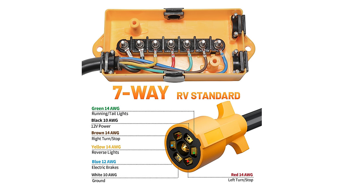 MECMO 7 Way Trailer Cord & Junction Box - 8FT Waterproof