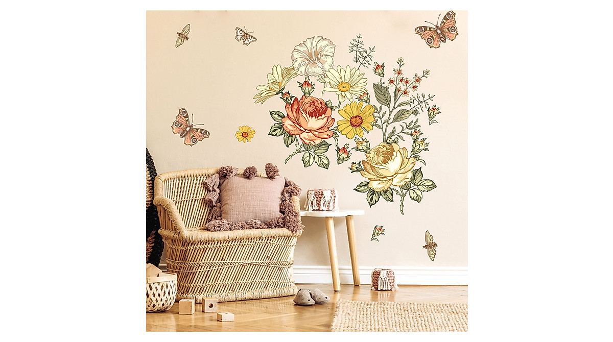 Vintage Floral Wall Decals | Retro Flower Wall Stickers for Bedroom