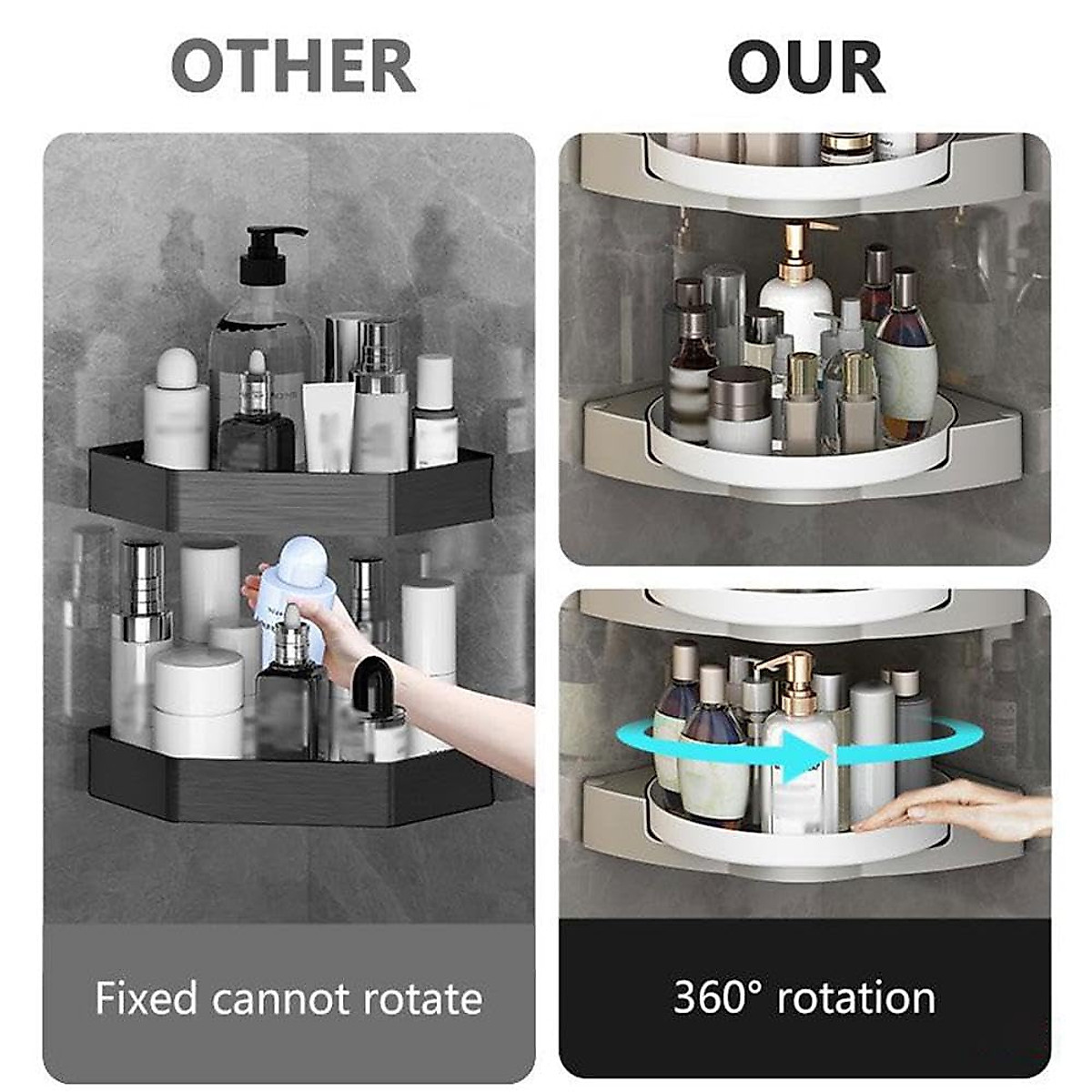Wmool Corner Shower Caddy 360° Rotating Organizer Shelves 2 Pack