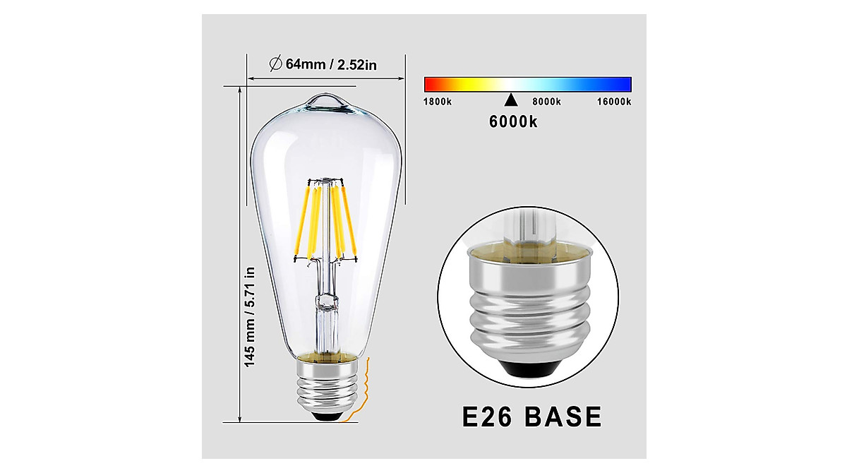 LUXON LED Edison Bulb 6W Dimmable Vintage Style Light Bulbs