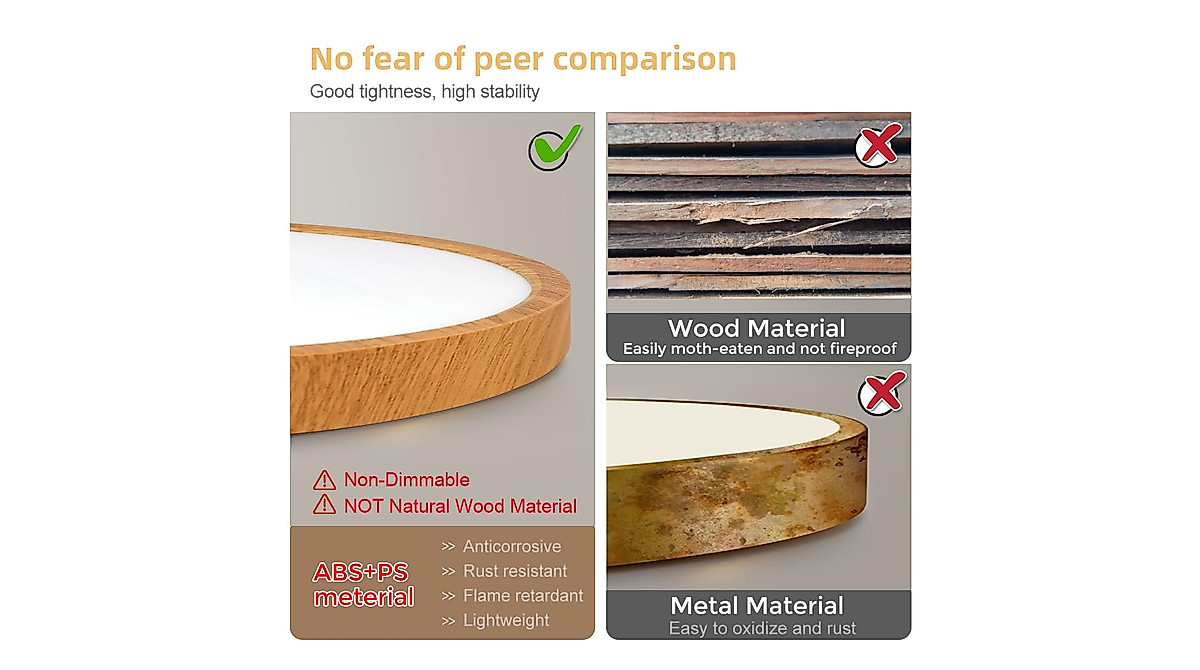 12 Inch Wood Grain LED Ceiling Light - Modern Flush Mount Ceiling Fixture