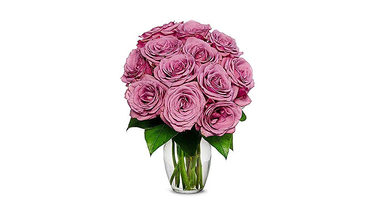 One Dozen Purple Roses with Vase - Flower Delivery