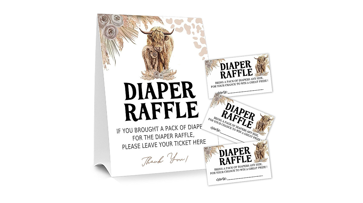 Diaper Raffle Tickets for Baby Shower Game | Holy Cow Boho Highland Cow