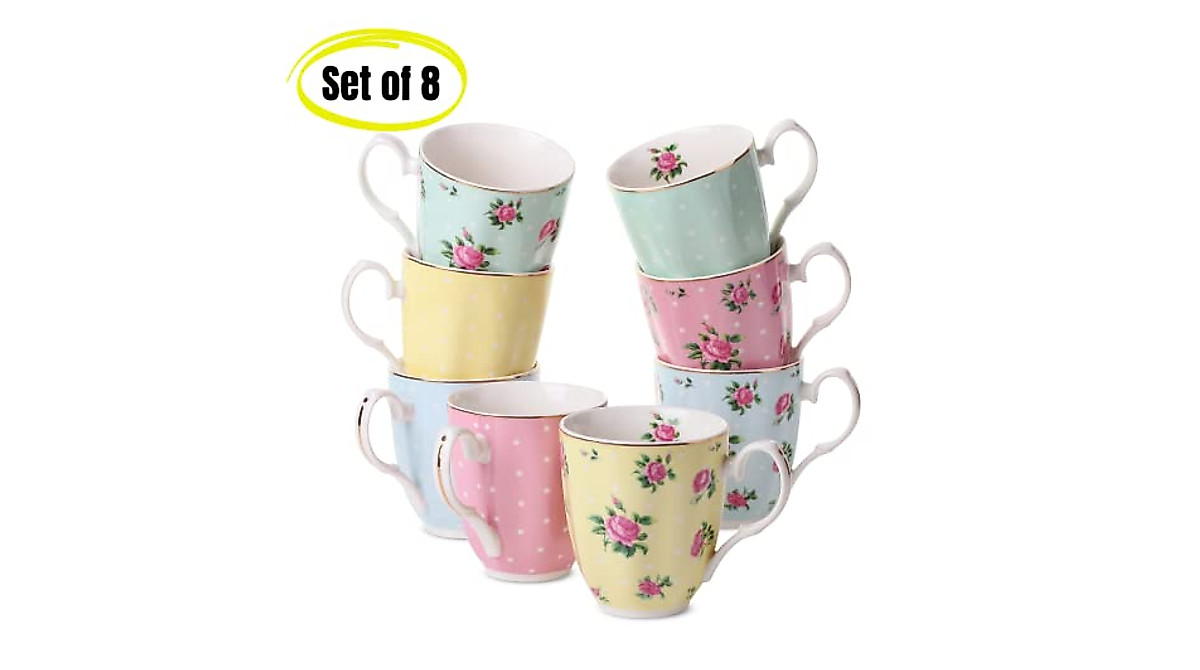 Royal Coffee Mug Set 8 Pieces - Elegant Bone China Porcelain Cups