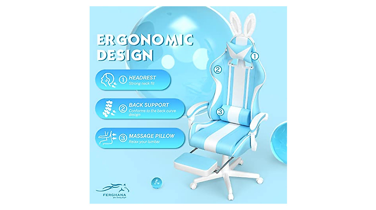Ferghana Light Blue Gaming Chair with Bunny Ears - Stylish & Ergonomic