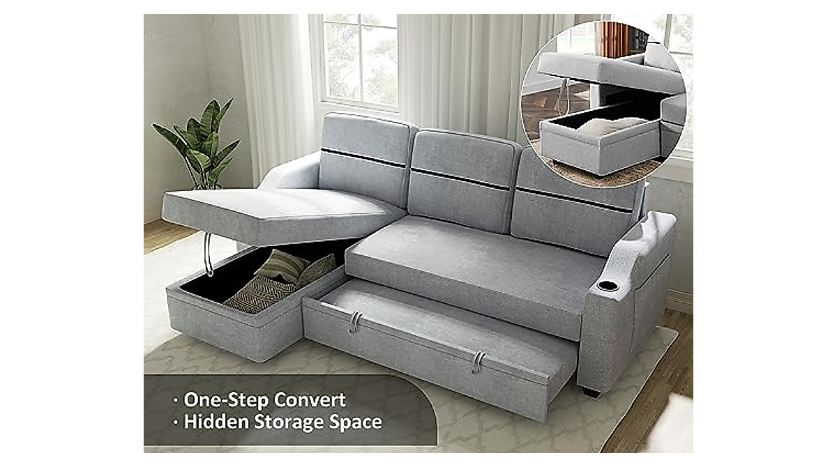 Ucloveria Reversible Sectional Sofa Bed with Storage - Grey 82" Couch