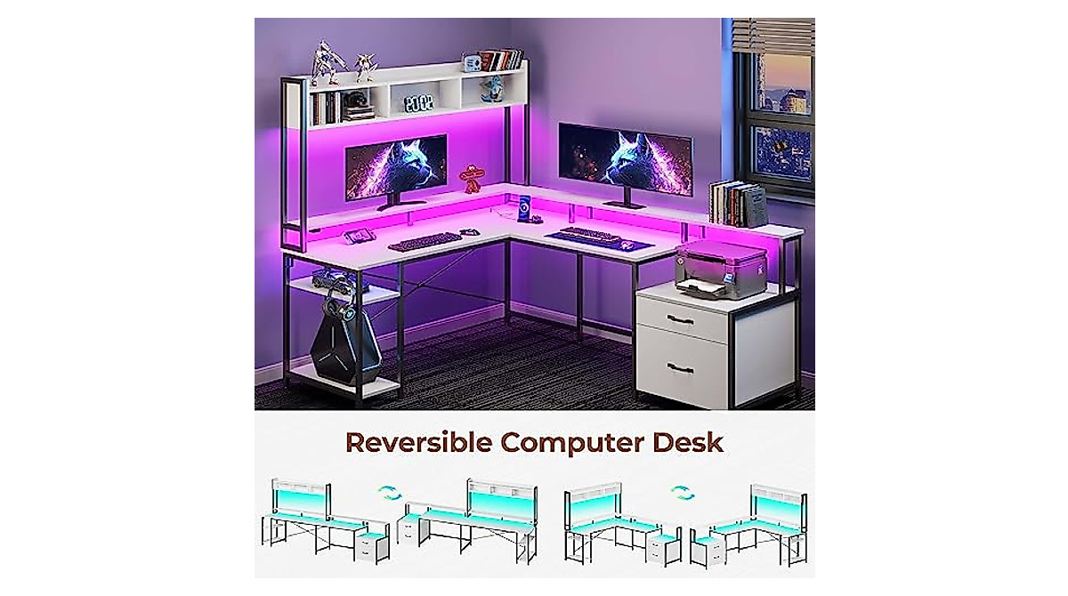 Rolanstar L Shaped Computer Desk with LED Lights & Storage
