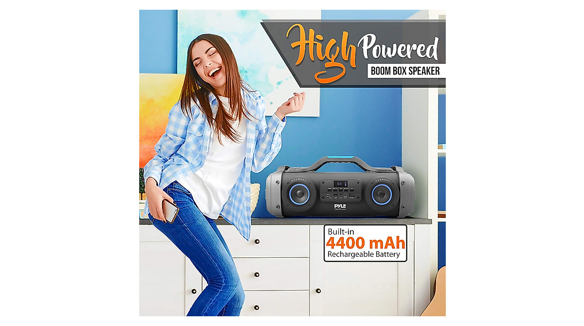 Pyle Wireless Bluetooth Boombox Speaker – Built-in LED Light Panel, AM/FM, MP3/WMA, MicroSD, 60W, PPHP42B