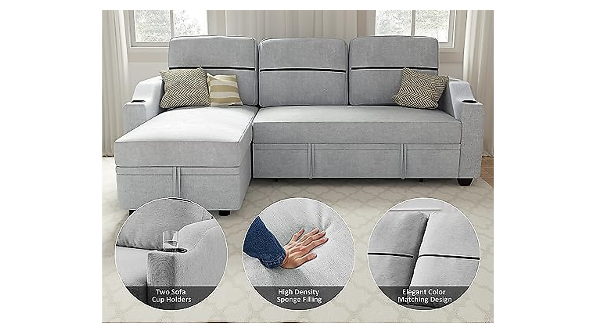 Ucloveria Reversible Sectional Sofa Bed with Storage - Grey 82" Couch