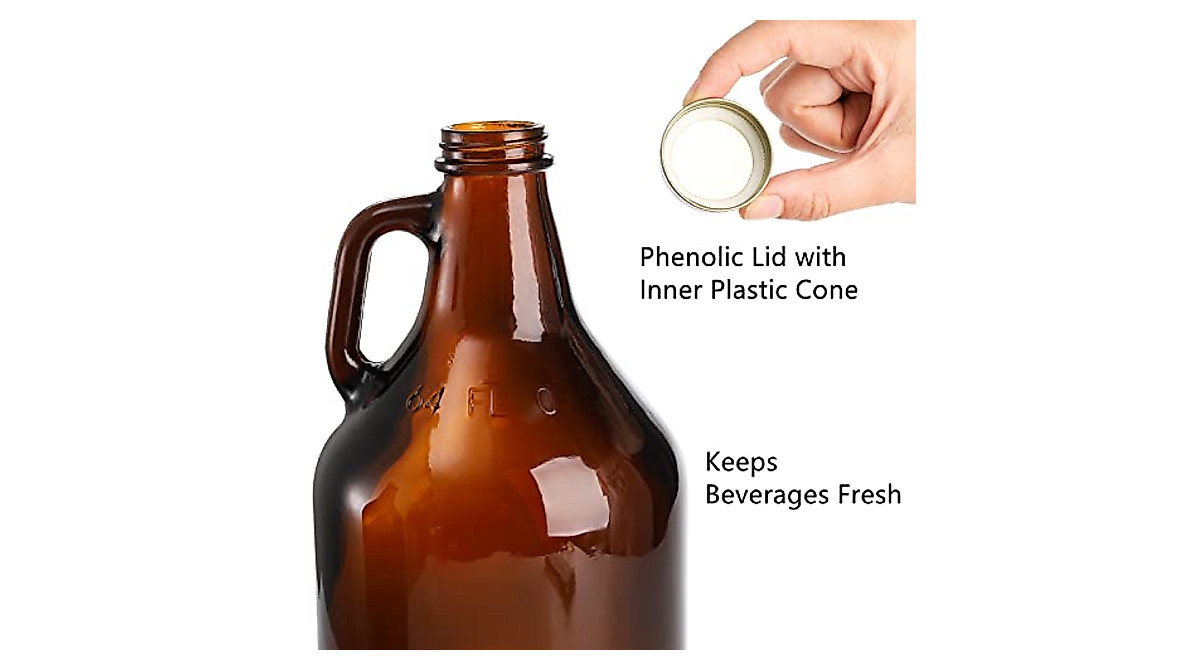 ZEAYEA 3-Pack 64oz Amber Glass Growler Set With Lids & Handles - Great For Home Brewing Beer & Kombucha - View #2