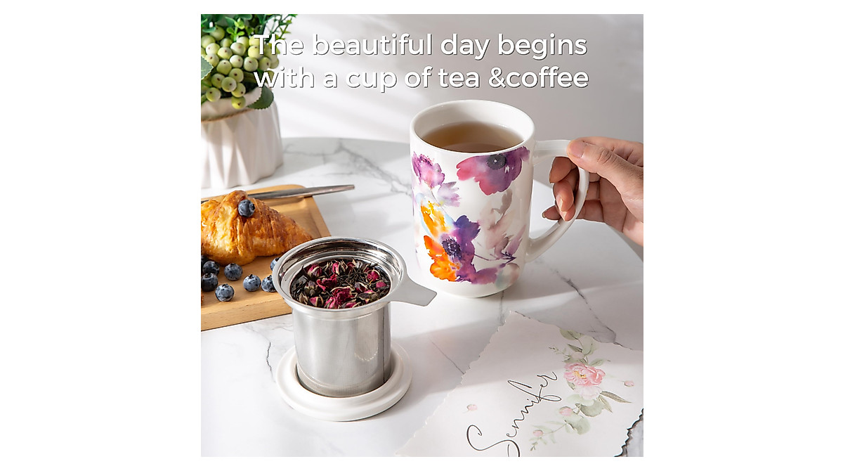 AmorArc Porcelain Tea Mug With Infuser And Lids, 18 Oz Cup Strainer Bag Holder For Loose Leaf Tea, Steeping Coffee Well-wrapped Box House-warming Wedding Birthday Gift, Anemone - View #5