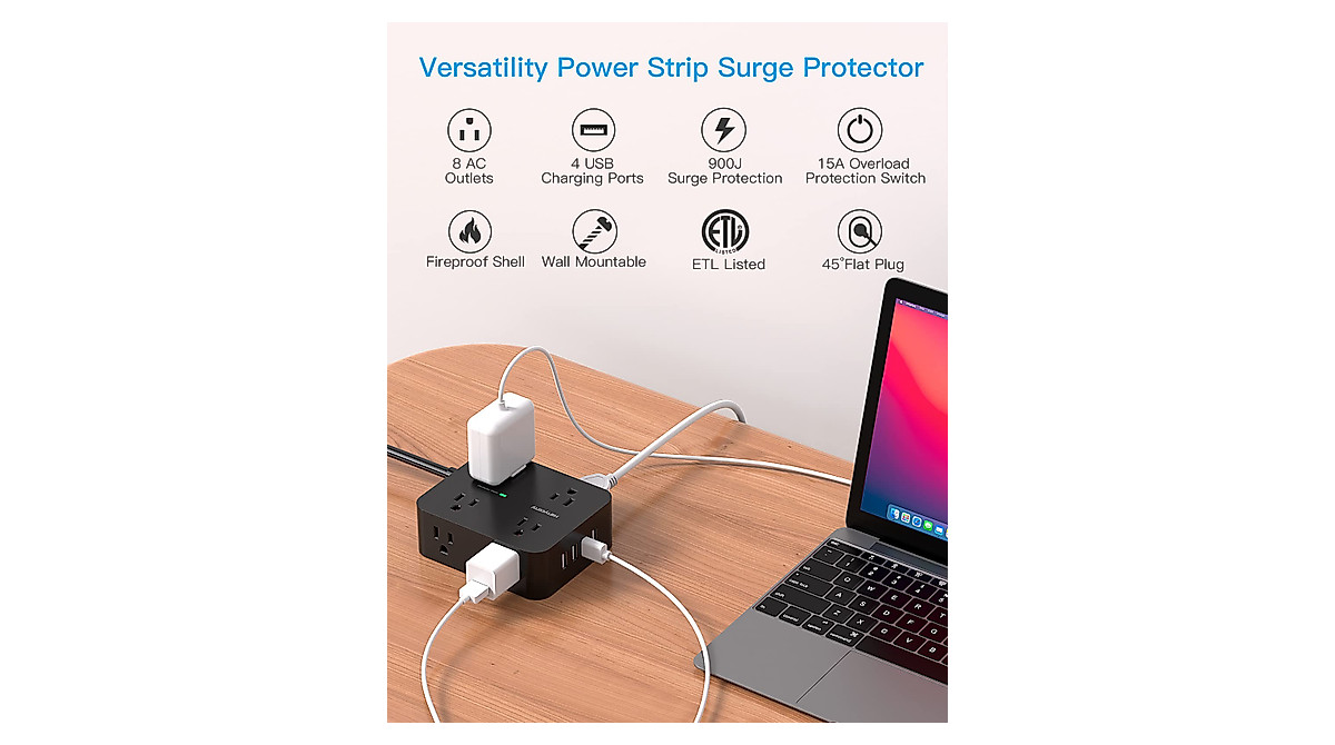Power Strip with 8 Outlets & 4 USB Ports - Space Saving & Safe