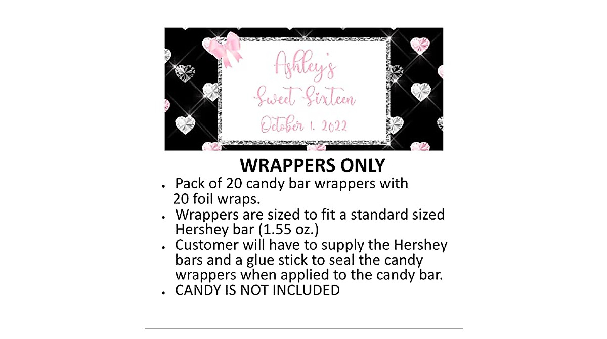 Personalized Diamond Hearts Candy Bar Wrappers - Pack of 20