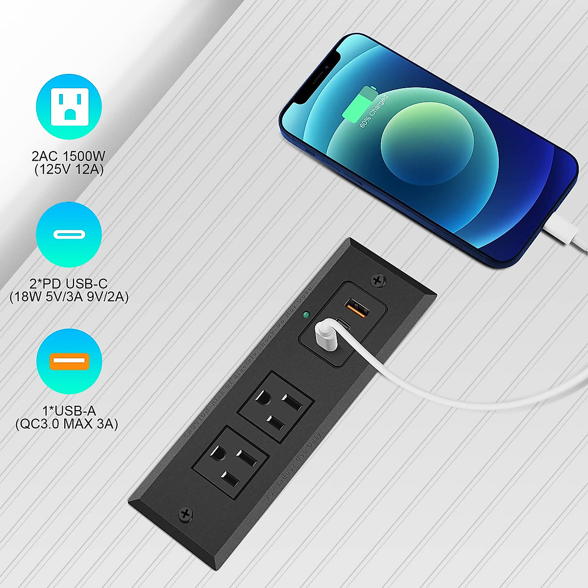 Black Type-C Recessed Power Socket - Fast Charging & Hidden Design
