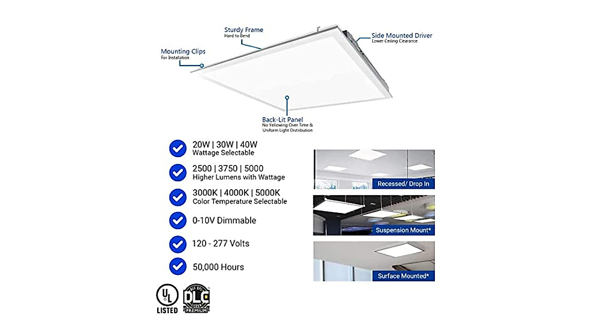 2x2 LED Flat Panel Light 20/30/40W, Dimmable, Color-Temp Adjustable