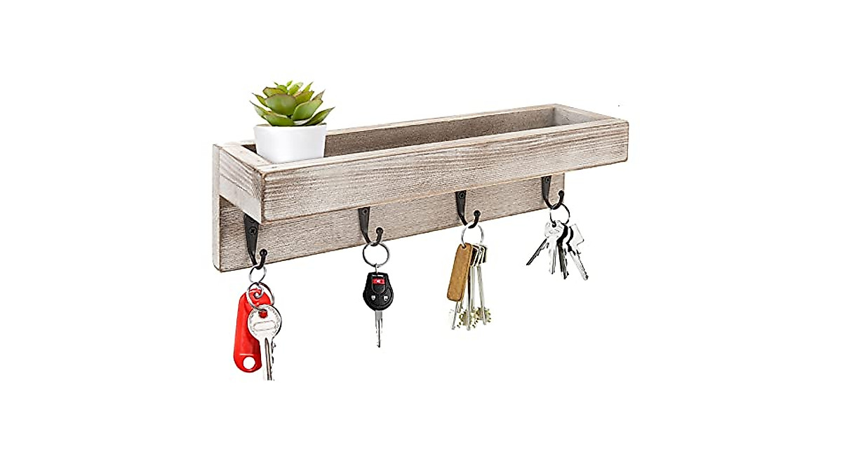 Flyisland Rustic Wall Shelf with 4 Hooks | Stylish Entryway Organizer