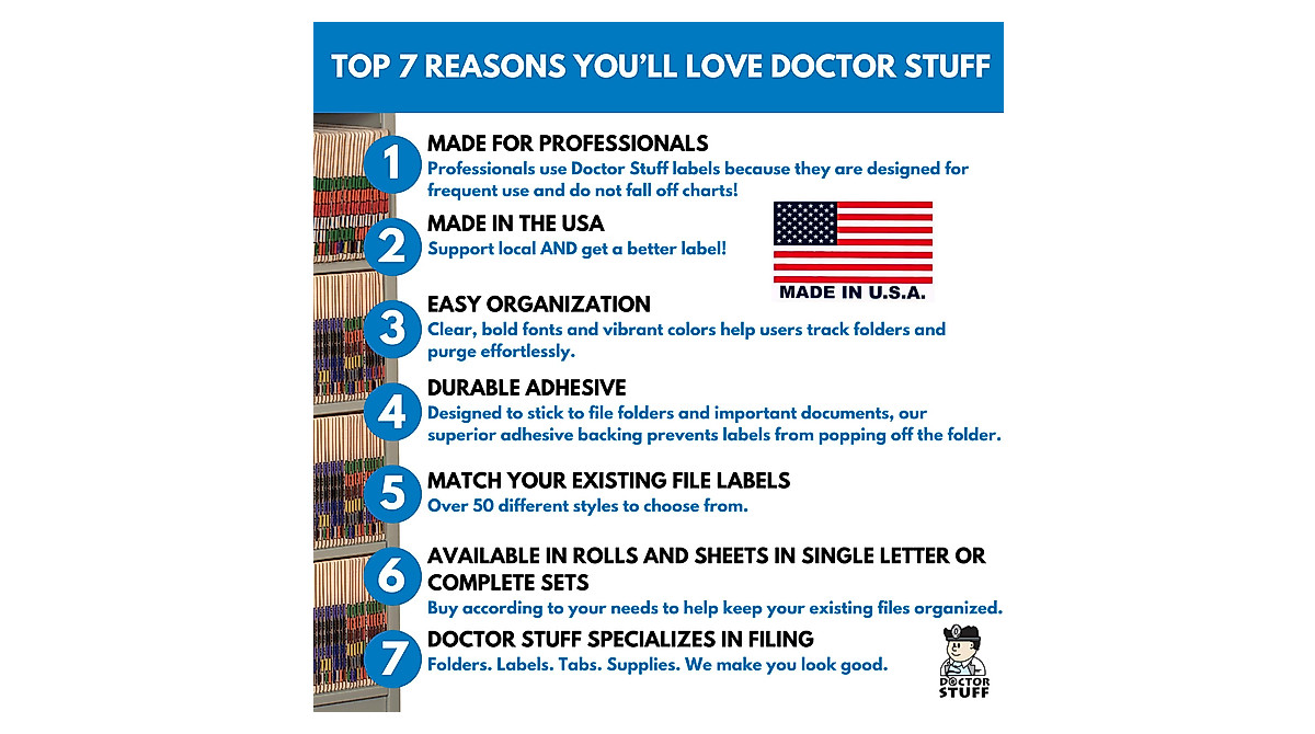 Doctor Stuff File Folder Labels - Organize with Bright Blue Alpha Stickers