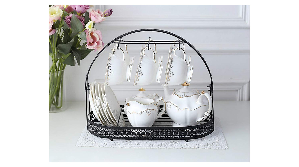 Ferenu Black Wrought Iron Mug Holder with 6 Hooks & Storage