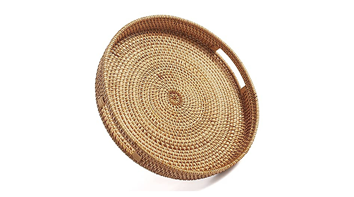 DECRAFTS Round Rattan Tray - Large & Elegant Serving