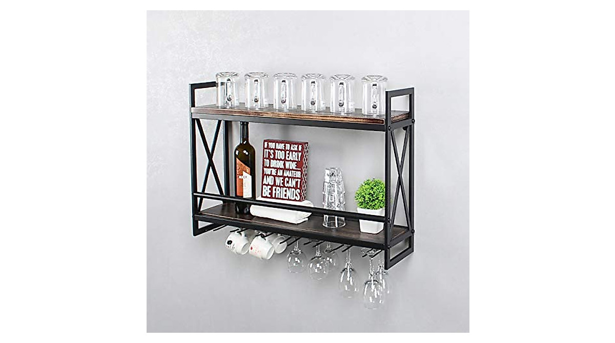 MBQQ Rustic Wall Mounted Wine Rack with Glass Holder & Shelves