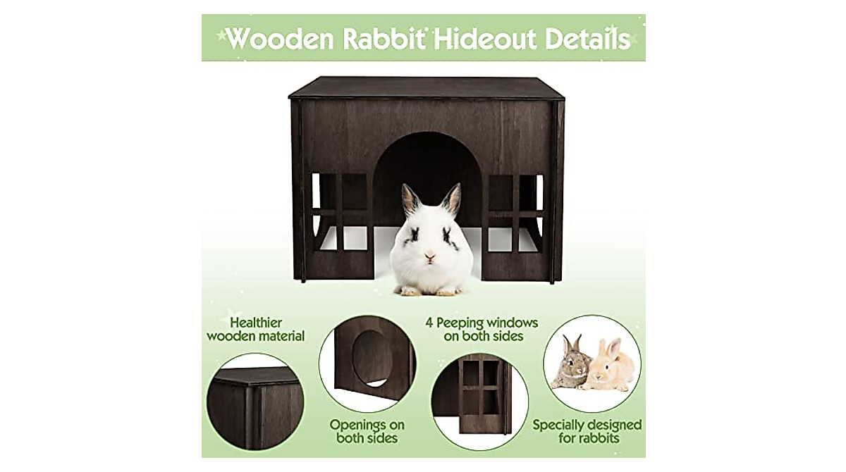 Large Wooden Rabbit House with Windows for Small Pets - Walnut