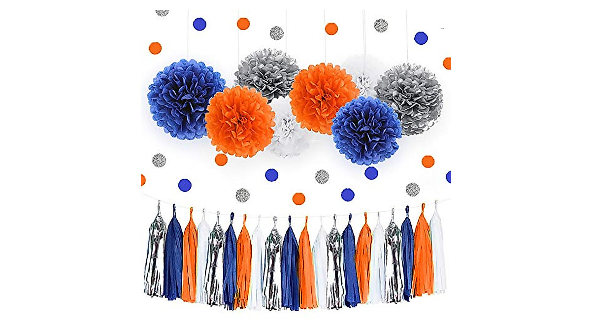 IGUO Party Supplies Navy Blue Orange White Silver | Versatile Decor Kit