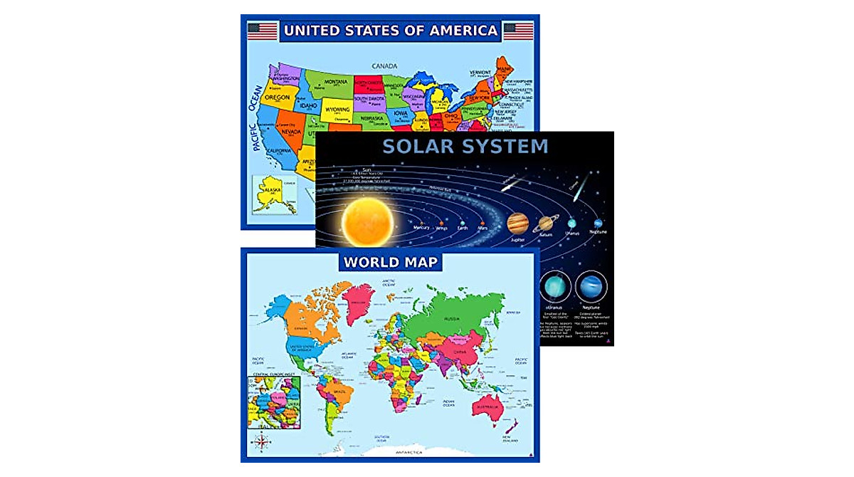 Vibrant World Map & Solar System Posters for Kids - 14x19.5 in.