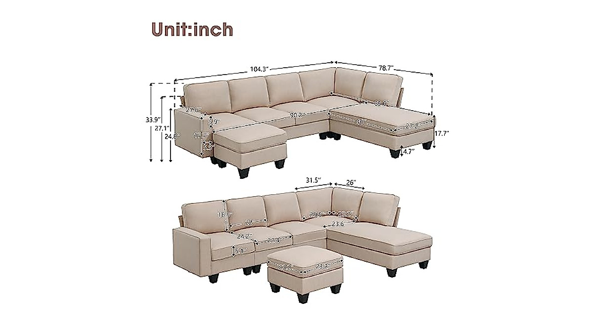 GAOWEI Modern L-Shaped Sectional Sofa,7-seat Linen Fabric Couch Set ...