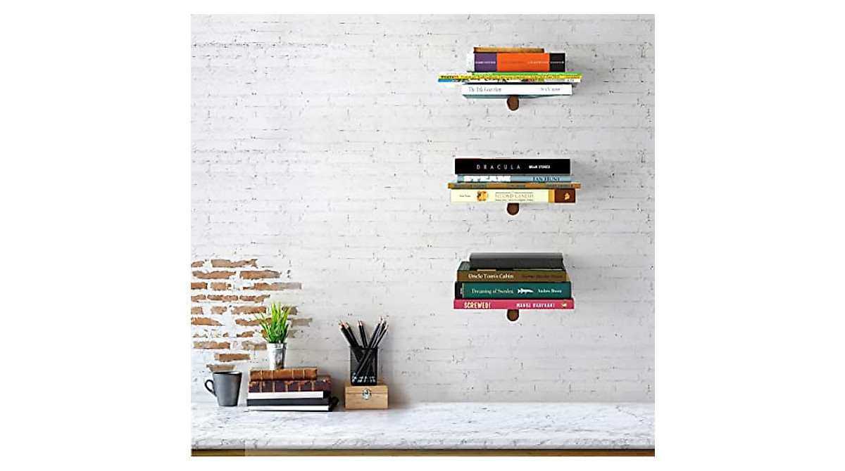 Invisible Floating Bookshelf with Wooden Rod - Wall Mount Storage