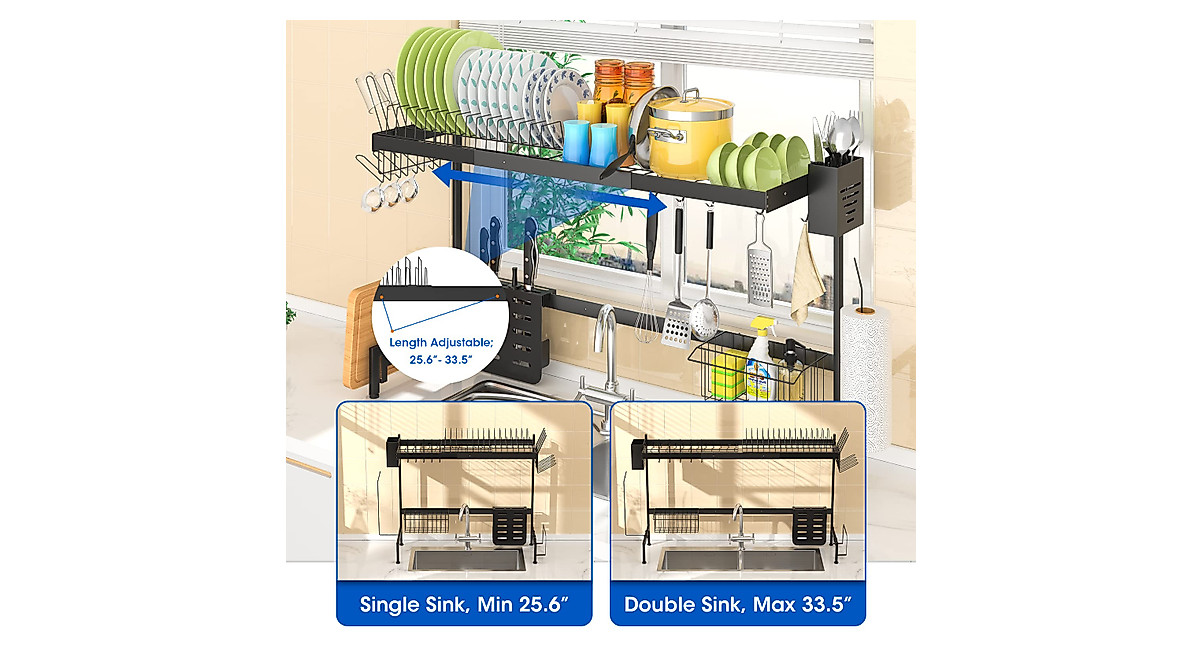 Adjustable Over Sink Dish Drying Rack - 2 Tier Stainless Steel Organizer