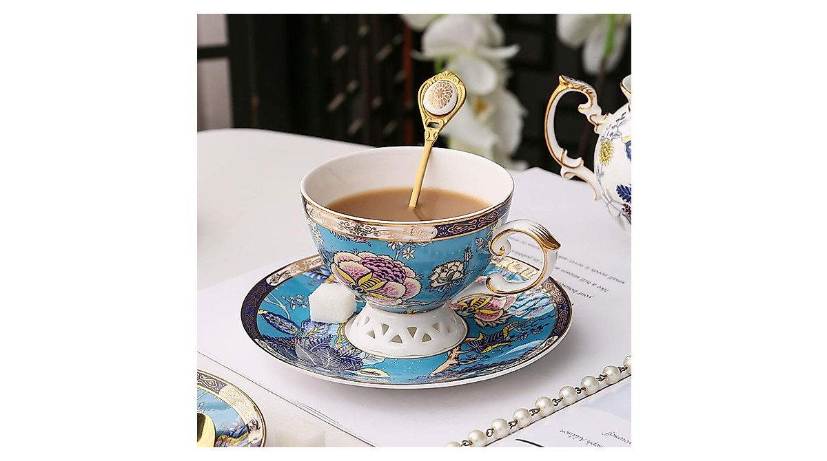 Fanquare Blue Bone China Coffee Cup & Saucer Set | Elegant Tea Gift