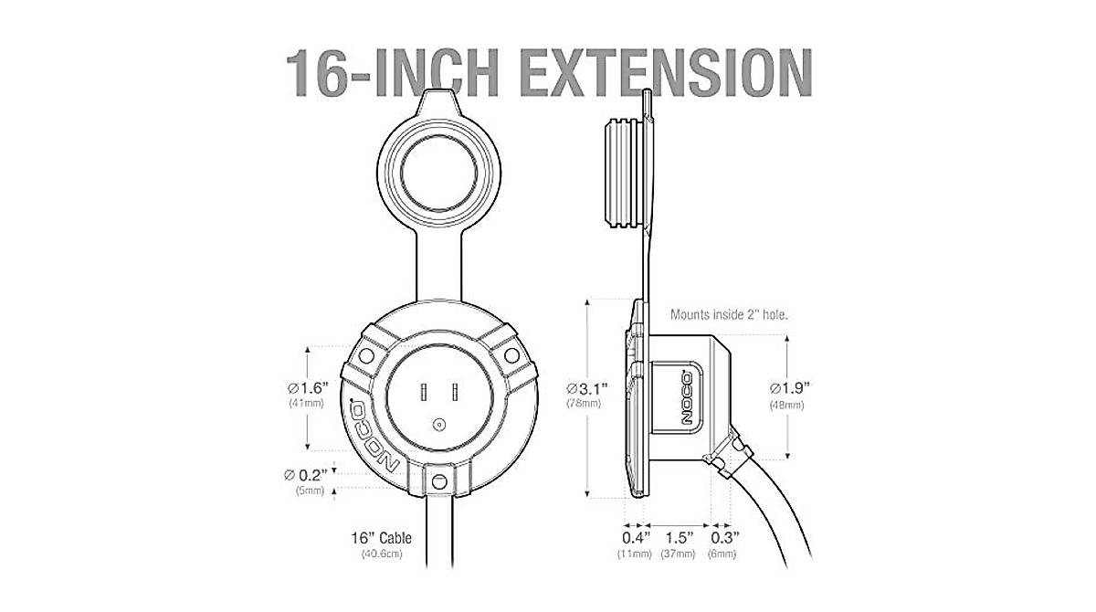 NOCO GCP1 15A Waterproof Power Inlet with 16-Inch Extension Cord