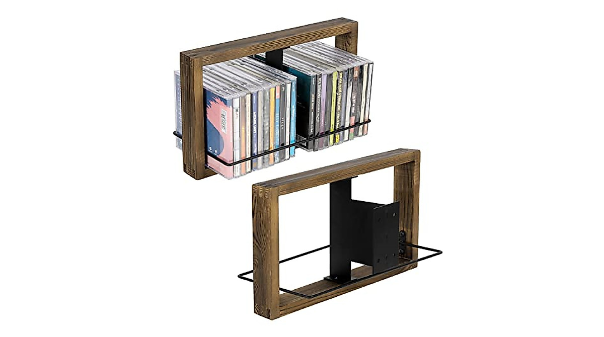 Rustic Wood & Metal Wall CD DVD Storage Shelves - Set of 2