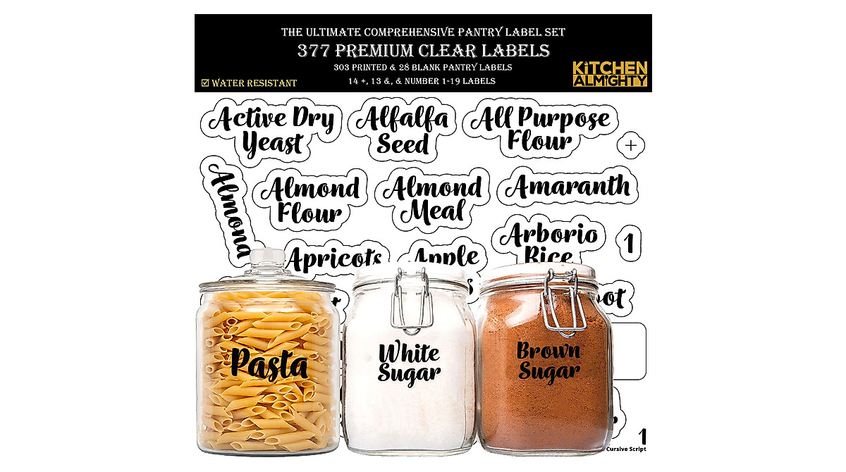 377 Clear Cursive Pantry Labels - Organize Kitchen & Storage