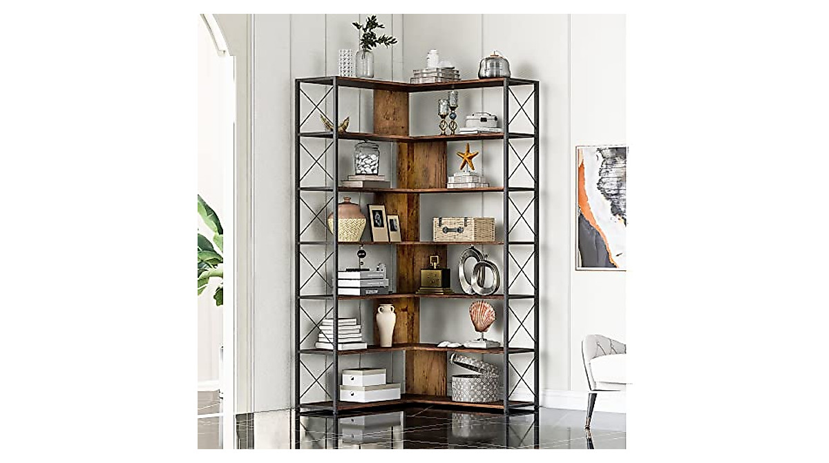 7-Tier Corner Bookshelf - Industrial L-Shaped Storage for Home