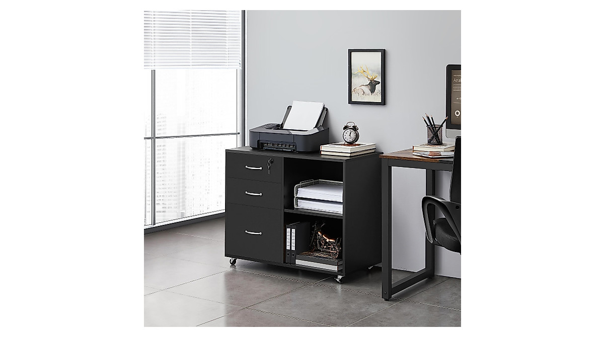 Yaheetech Black 3-Drawer File Cabinet with Lock & Wheels