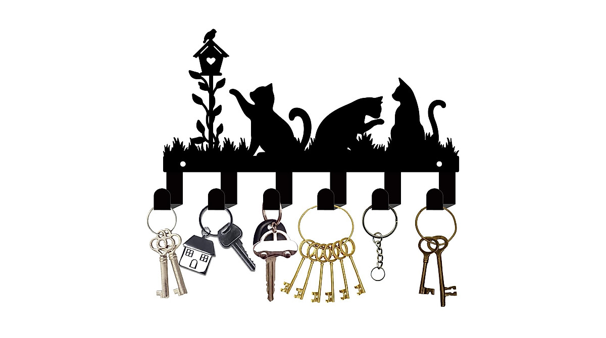 CREATCABIN Black Cats Wall Key Holder with 10 Hooks for Home