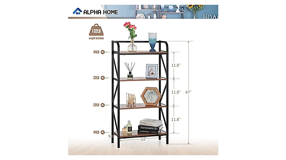ALPHA HOME 4-Tier Industrial Bookshelf - Stylish Storage