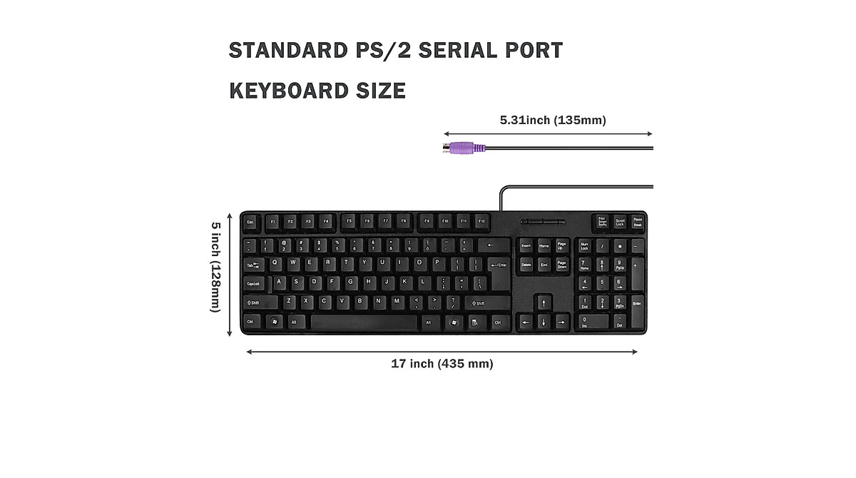 MCSaite Wired PS2 Keyboard with 104 Keys for Windows - Black