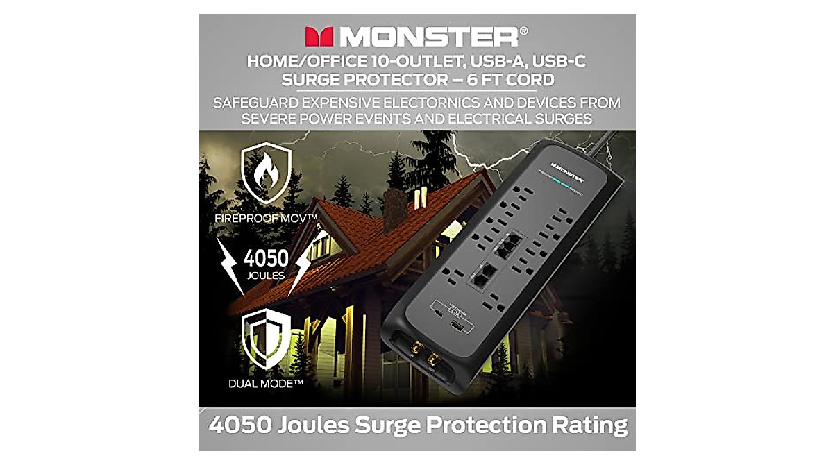 Monster Heavy Duty Surge Protector Power Strip - 10 Outlets & USB