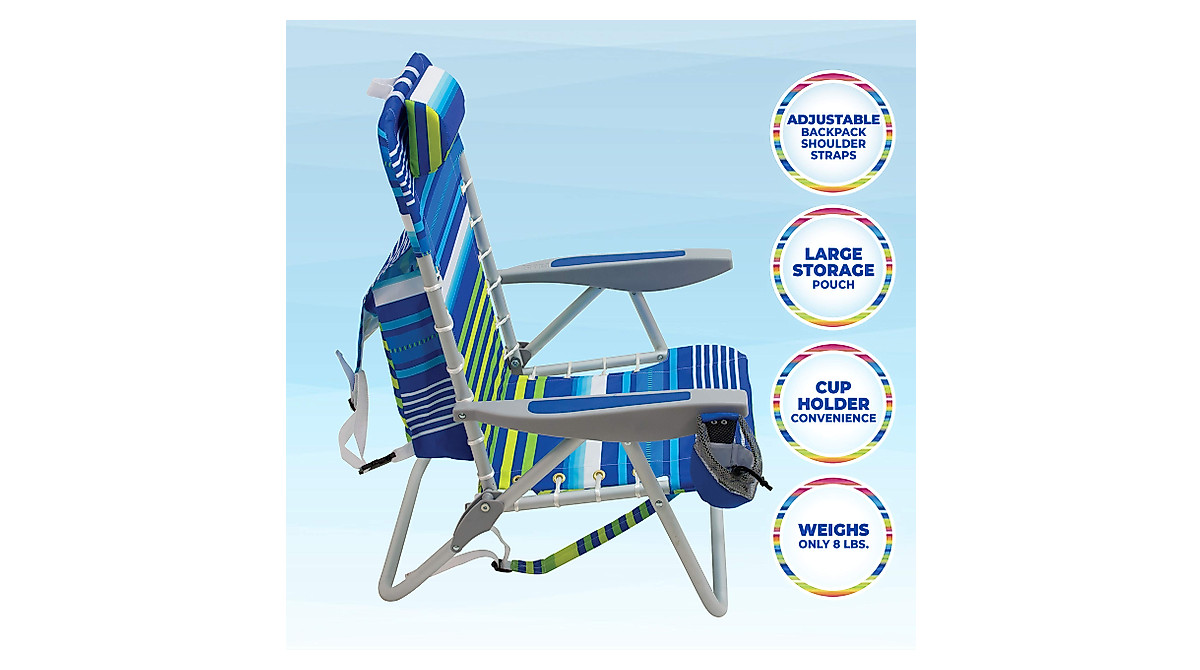 Silla De Playa Plegable Rio Con Cordones - 4 Posiciones, Mochila Incorporada Y Portavasos