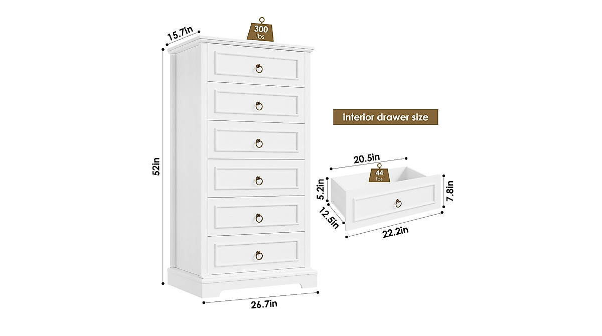 HOSTACK 6 Drawer Tall White Dresser - 52 Inch Modern Farmhouse Chest Of  Drawers For Bedroom, Living Room & Hallway Bedroom Storage Cabinet