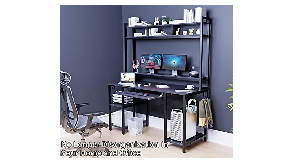HYPIGO Black Computer Desk with Hutch - Spacious & Durable Workstation