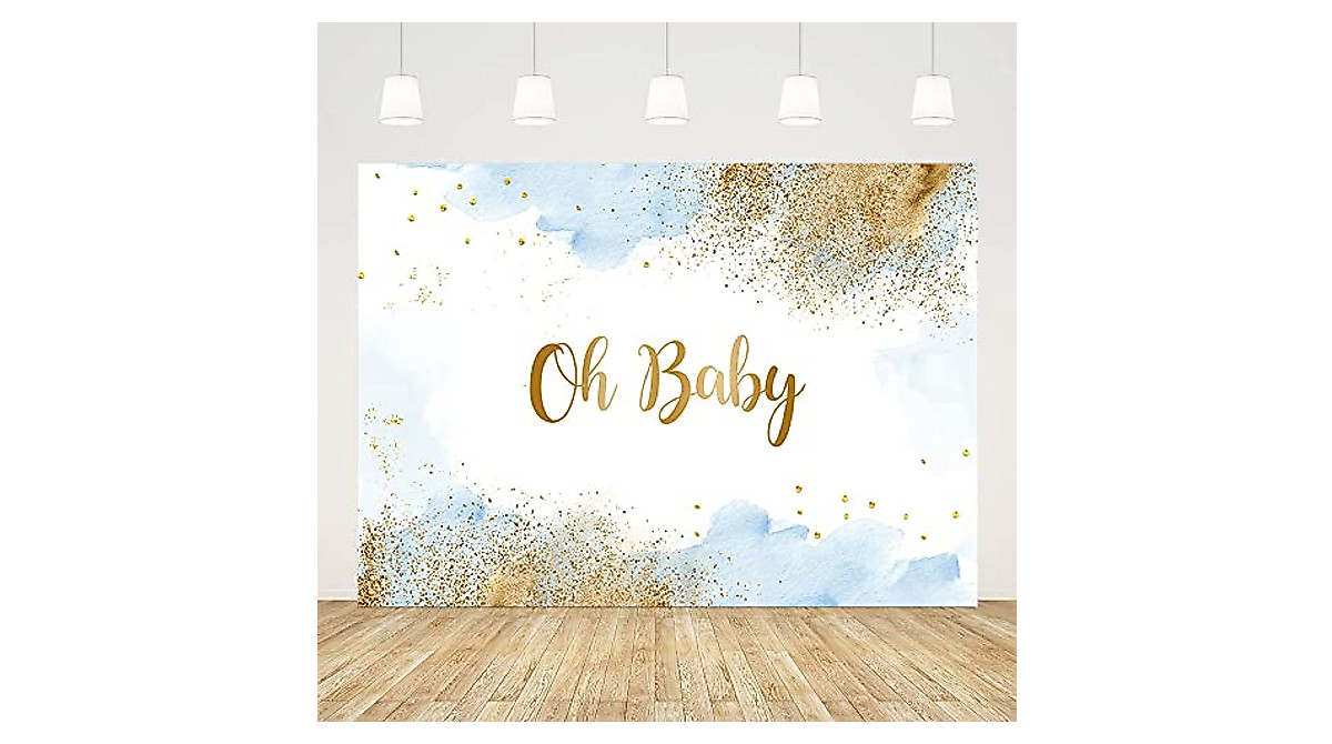 Sendy 7x5ft Oh Baby Backdrop: Blue Clouds & Gold Glitter